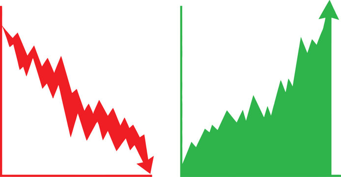 Red down and green up financial charts showing business growth and market loss
