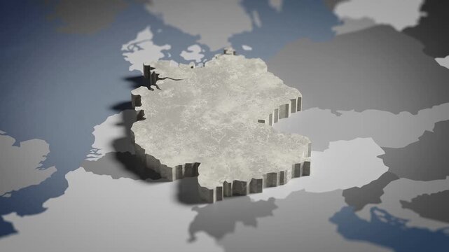 World map animation Birds eye view above Germany, German, Berlin, Europe with highlighted country borders. Cinematic 3d world map animation highlights aerial views, 4k Video