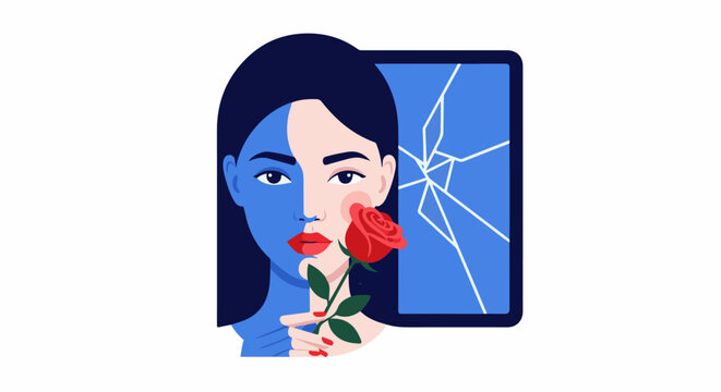 Woman's face split, holding a rose next to a cracked screen