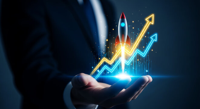Businessman holding glowing rocket launching upwards with blue and yellow growth charts