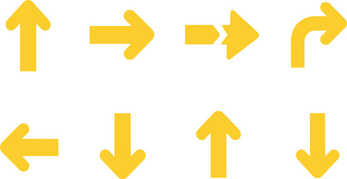 Set of eight yellow flat arrow icons pointing in different directions