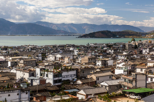 Aerial view of Shuanglang town and Erhai lake, Yunnan province, China