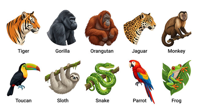 Colorful rainforest animal icon collection featuring tropical wildlife with realistic natural colors isolated on white background.
