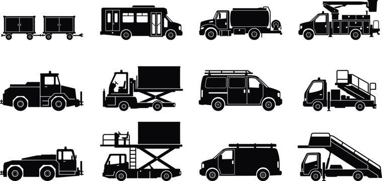 Airport ground support vehicles silhouettes baggage carts fuel truck passenger bus aircraft tugs catering trucks stair service vans illustration vector collection