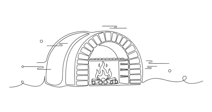Outline of an igloo with a fire pit and logs in minimalist style. None editable stroke