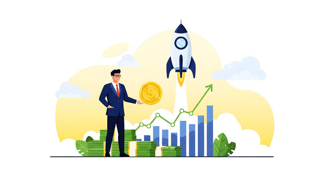 Businessman holding gold coin near rocket launch and financial growth chart image