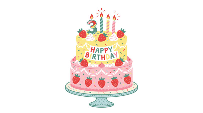 Three Year Old Birthday Cake with Strawberries and Candles - Celebration Illustration