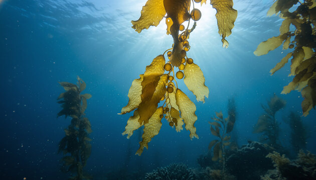 Giant Kelp underwater macro with glowing amber gas bladders in blue ocean