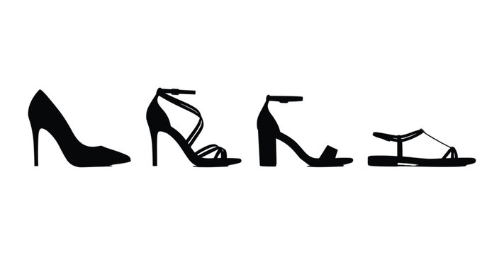 Women shoes silhouette icon set with classic high heels stiletto pump strappy ankle strap sandals and flat T-strap slippers isolated on white background