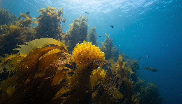 Giant Kelp underwater macro with glowing amber gas bladders in blue ocean