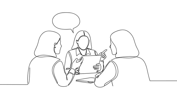 Business meeting discussion among three women in abstract line art. No editable stroke