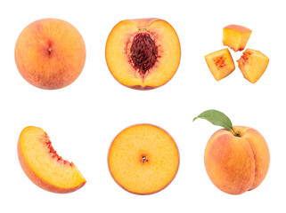 Naklejka premium Set of fresh ripe peaches, whole and in various cuts like halves, slices, and cubes, isolated on transparent background.