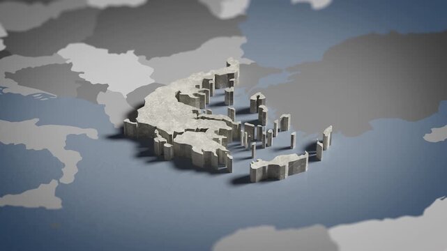 World map animation Birds eye view above Greece, Greek, Athens, Europe with highlighted country borders. Cinematic 3d world map animation highlights aerial views, 4k Video