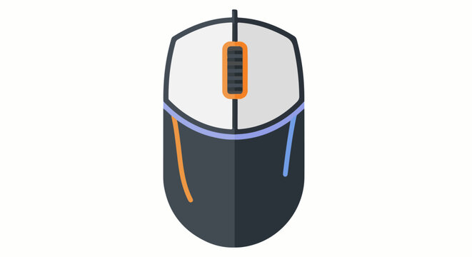 A computer mouse with a white top, dark gray body, and orange scroll wheel