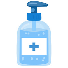 Fototapeta premium Minimalist illustration of a blue hand sanitizer bottle with a pump dispenser and a health cross icon, emphasizing essential personal hygiene, germ protection, and public health safety