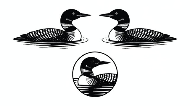 An illustration of three loons floating on water with one in a circle