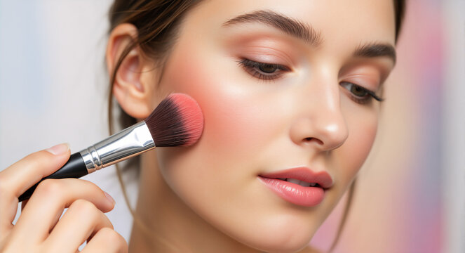 Young woman applying pink blush with a makeup brush. Soft pastel makeup concept