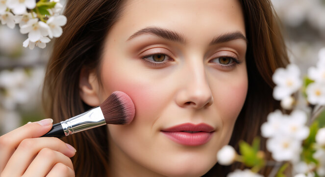 Young woman applying pink blush with brush among white cherry blossoms. Spring beauty concept