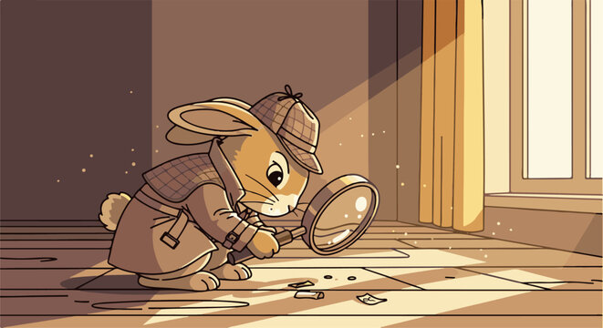 A cute rabbit detective in a trench coat and hat inspects clues with a magnifying glass