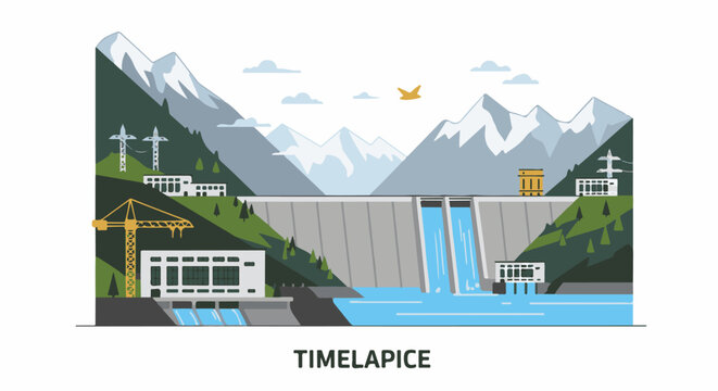 A dam built into a mountain landscape, with power lines and buildings