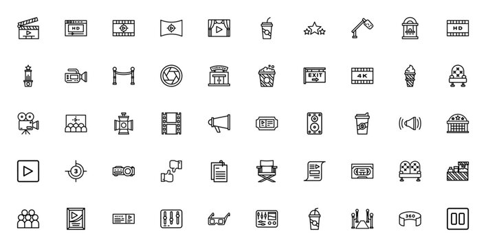 Cinema icon set. Minimal line vector icons. Featuring clapperboard, popcorn, ticket, camera, film strip, projector, play button and more.