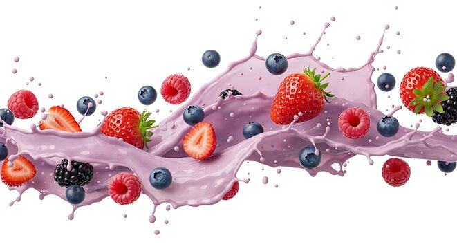 Dynamic Mixed Berry Smoothie Splash with Fresh Strawberries Blueberries and Raspberries in Pink Yogurt Wave Isolated on White Background
