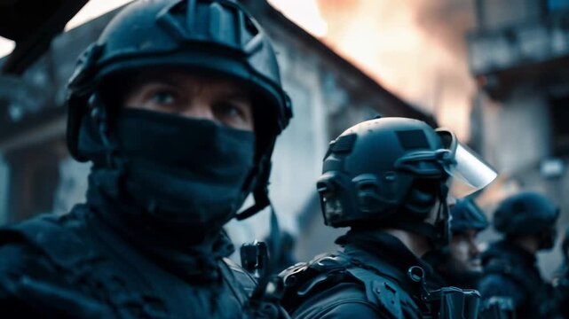 Police forces prepare and respond during a tactical operation in an urban area in the evening light