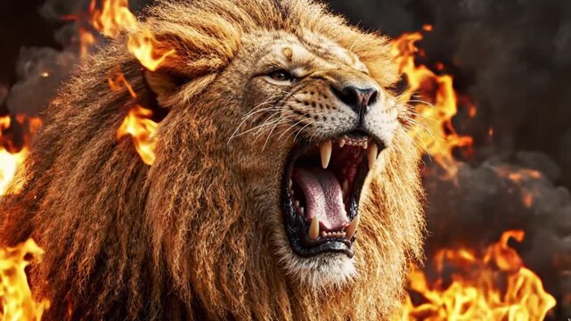 Majestic and fierce male lion roaring intensely with a powerful, blazing mane, embodying raw strength and untamed spirit amidst a dramatic fiery backdrop, symbolizing courage and formidable power