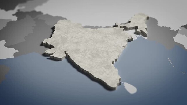 World map animation Birds eye view above India, Indian, Delhi, Asia with highlighted country borders. Cinematic 3d world map animation highlights aerial views, 4k Video