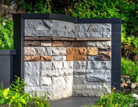 Corner stone wall with various colors surrounded by greenery