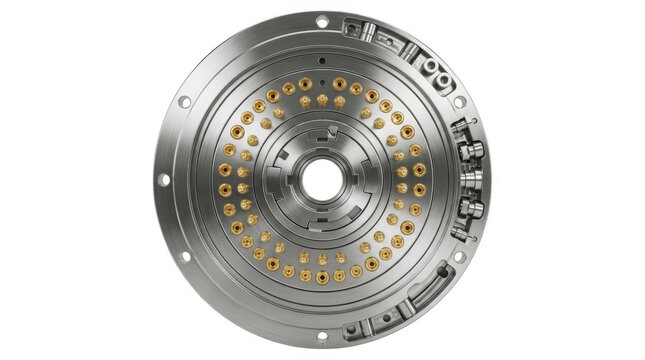 Close-up of a metallic clutch disc with brass rivets and friction material.