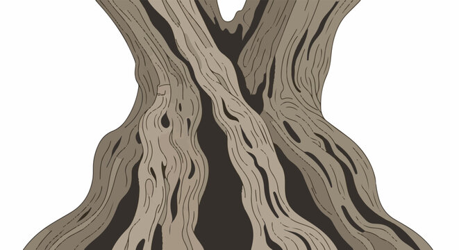 A detailed illustration of a thick, gnarled tree trunk with dark crevices