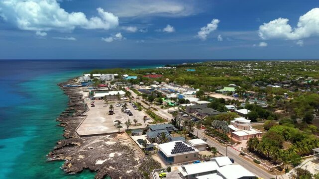 North West Point, Cayman Islands: Aerial view of turquoise Caribbean sea, tropical coastline and reef off Grand Cayman - landscape panorama from above
