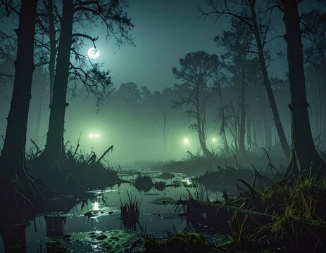 A moonlit, eerie swamp scene with glowing eyes in the foggy distance