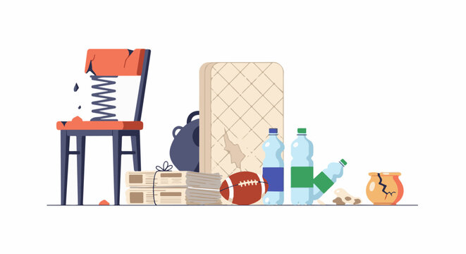 A discarded chair, mattress, football, bottles, and a broken pot