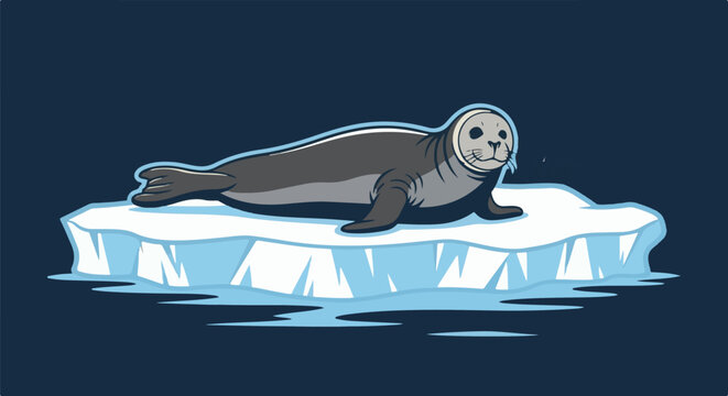 A gray seal reclines on a melting ice floe in dark blue water