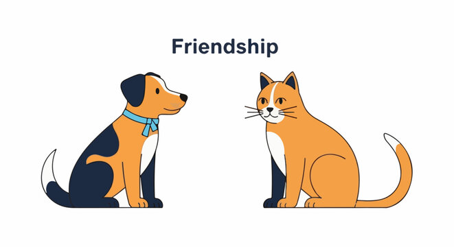 A dog wearing a blue ribbon and a cat sitting opposite each other