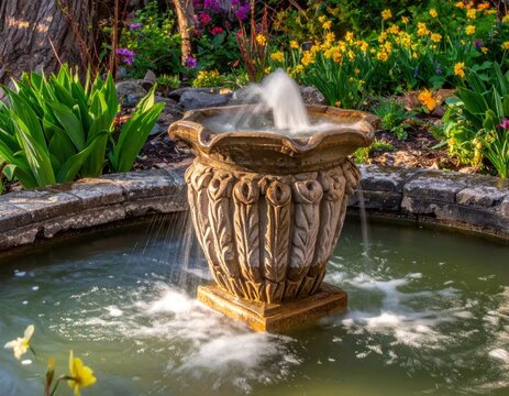 Stone fountain with water spray in a garden with blooming flowers