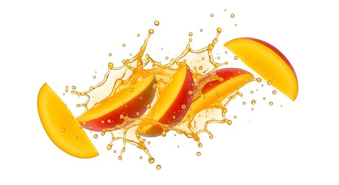 Fresh Mango Fruit Slices Splashing into Juice with Droplets Isolated on White Background, Healthy Organic Tropical Fruit Drink Explosion and Splash Illustration