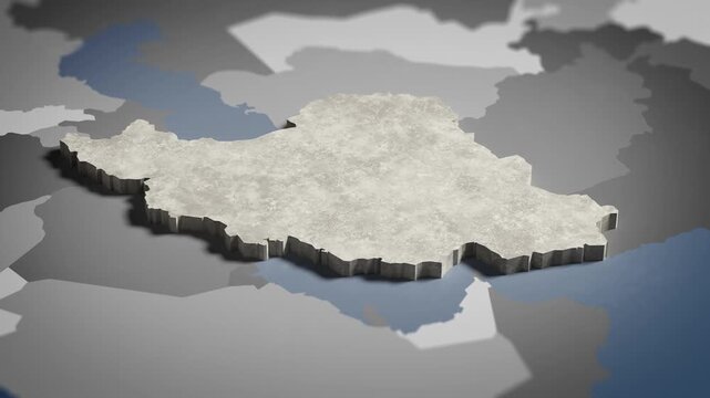 World map animation Birds eye view above Iran, Iranian, Tehran, Asia with highlighted country borders. Cinematic 3d world map animation highlights aerial views, 4k Video