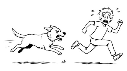 Fototapeta premium man running from aggressive dog chasing him in scared cartoon sketch, simple line art of a dog chasing a guy on white background