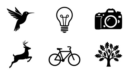 Fototapeta premium Diverse Silhouette Icons: Hummingbird, Lightbulb, Camera, Deer, Bicycle, Oak Tree. Vector Graphics for Design.