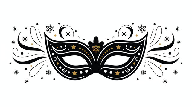 An ornate masquerade mask surrounded by decorative swirls and stars.