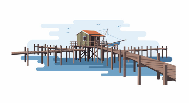 A quaint fishing shack on stilts with wooden piers extending over the water