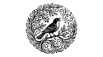 Obraz premium Singing Bird in Decorative Floral Circle Emblem