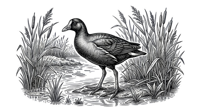 Black and white illustration of a coot bird standing in reeds by the water