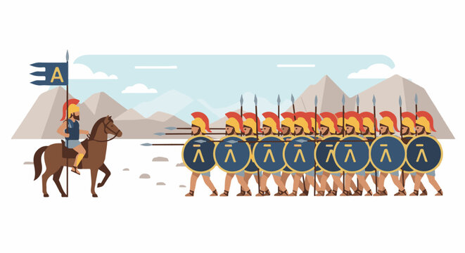 A horseback leader commands a phalanx of soldiers in ancient armor