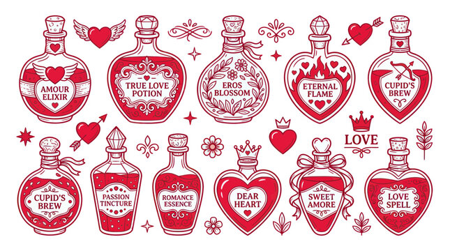 Love Potions and Romantic Symbols Collection - Valentine's Day Vector Illustration