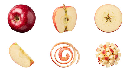 Versatile red apple collection featuring whole, half, quarter, spiral peel, and diced pieces. © Caroline