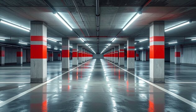 Empty underground parking garage with polished floor, white columns with red bands, fluorescent lights above, symbolizing symmetry, depth, and geometric repetition in modern infrastructure.